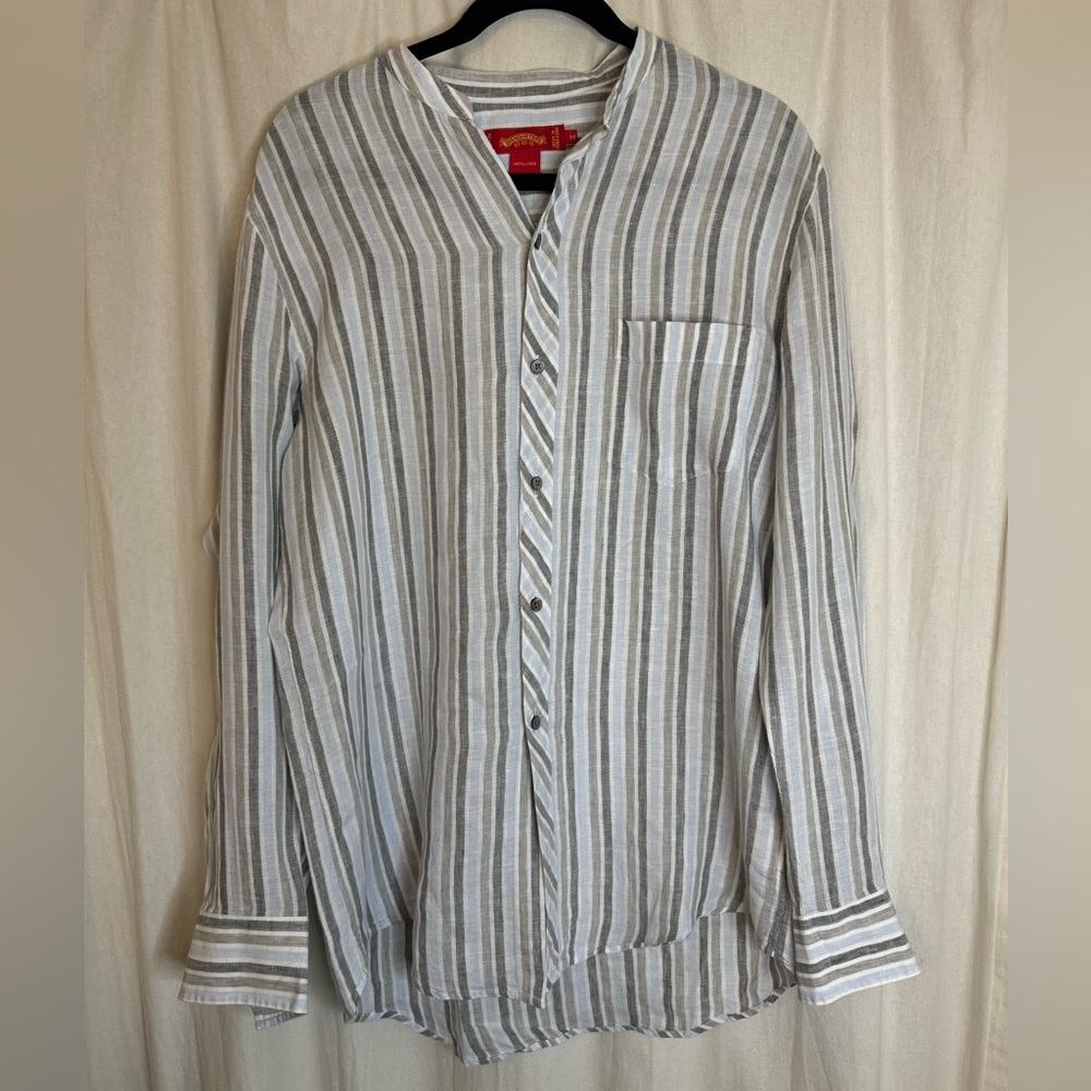 Shanghai Tang Gray and White Striped Linen Shirt